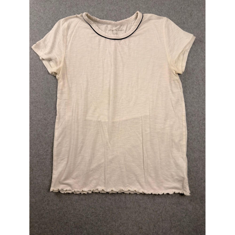 American Eagle Cream Lettuce Edge Slub Knit Tee Navy Trim Size M